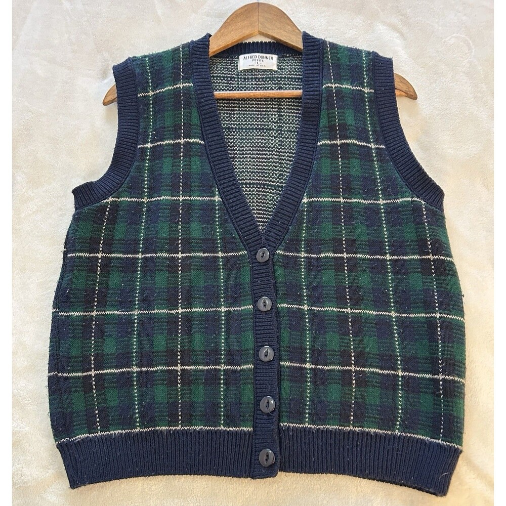 Vintage Plaid Knit Sweater Vest Women Large Green Navy Button Front Academia - Picture 5 of 10